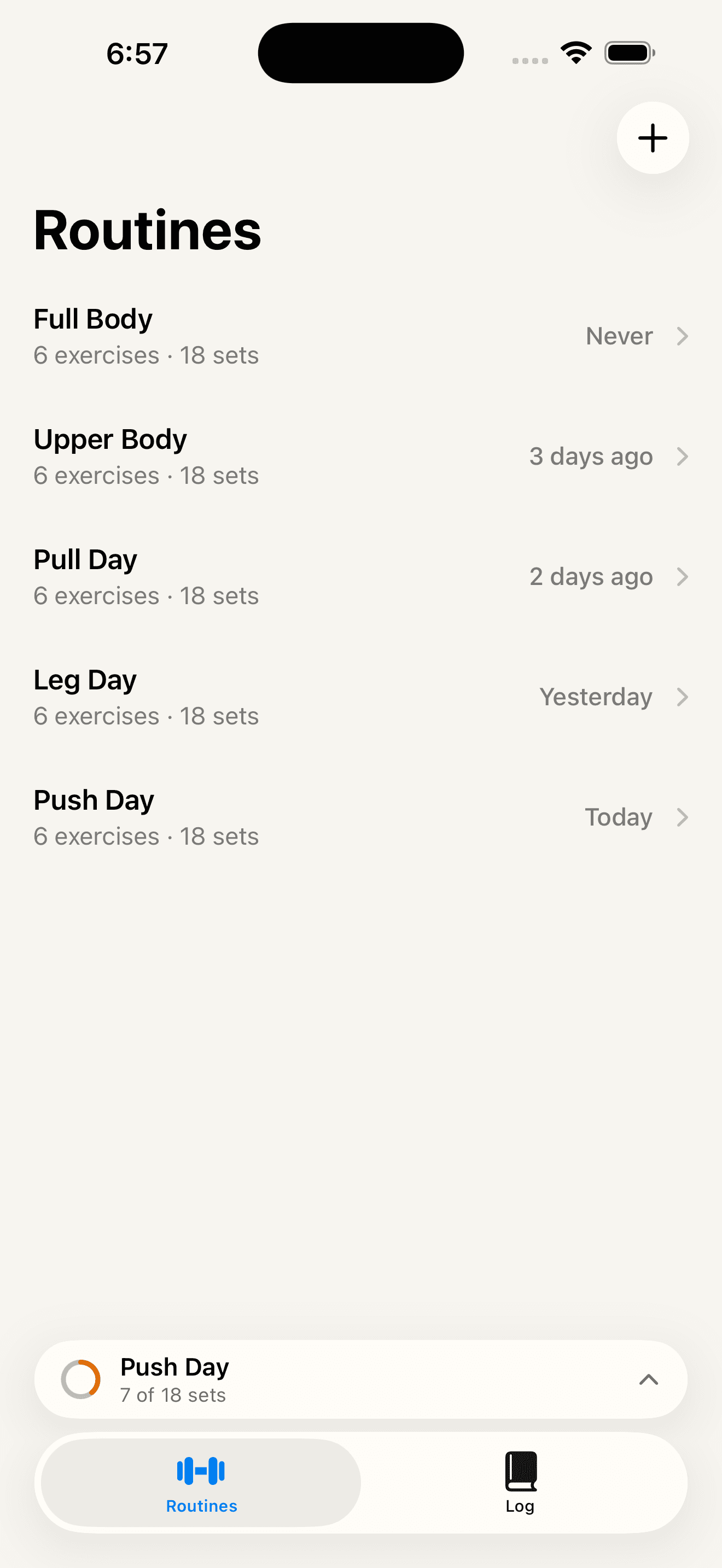 Milo app showing a list of workout routines